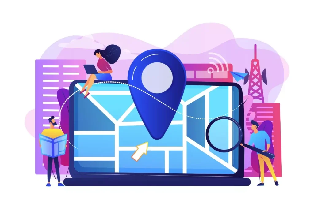 Ilustração representando controle de ponto com geolocalização para intermitentes, mostrando uma pessoa utilizando um smartphone com mapa e plano de fundo urbano.