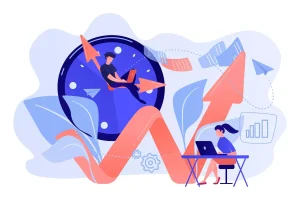 Ilustração representando a jornada de trabalho intermitente com relógio, pessoa trabalhando de forma flexível e gráficos de crescimento.