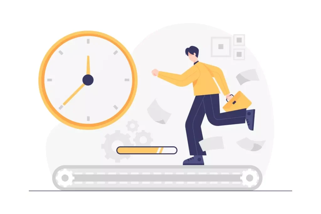 Ilustração comparando horários de trabalho de horista e intermitente, com um relógio, uma pessoa correndo e elementos de controle de tempo, símbolo das diferenças na jornada de trabalho.