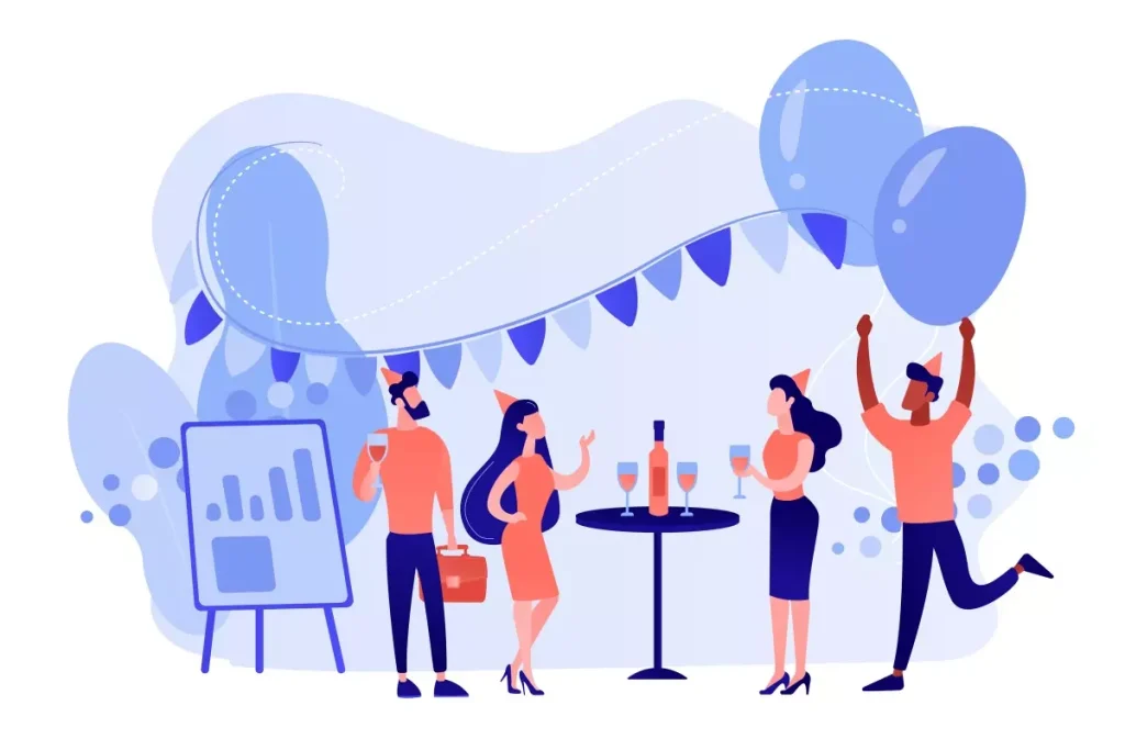 Imagem ilustrativa de pessoas em evento comemorativo, celebrando com balões e decoração, destacando oportunidade de trabalho intermitente para eventos.