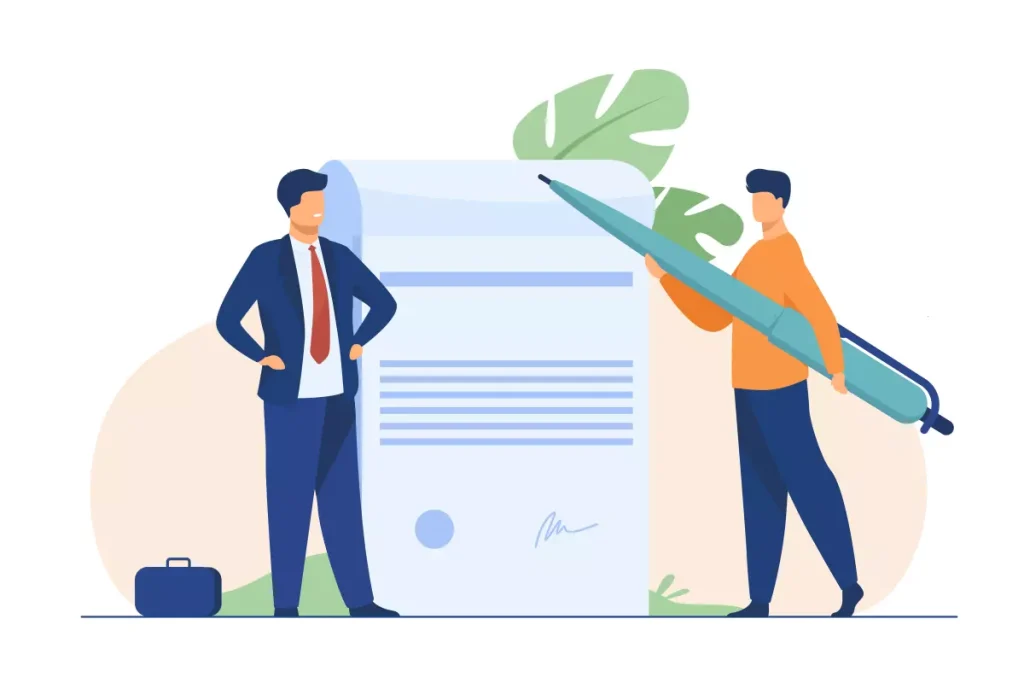 Ilustração profissional mostrando a troca ou assinatura de um contrato de trabalho, simbolizando a alteração de contrato por tempo indeterminado para intermitente, uma prática comum em recursos humanos.