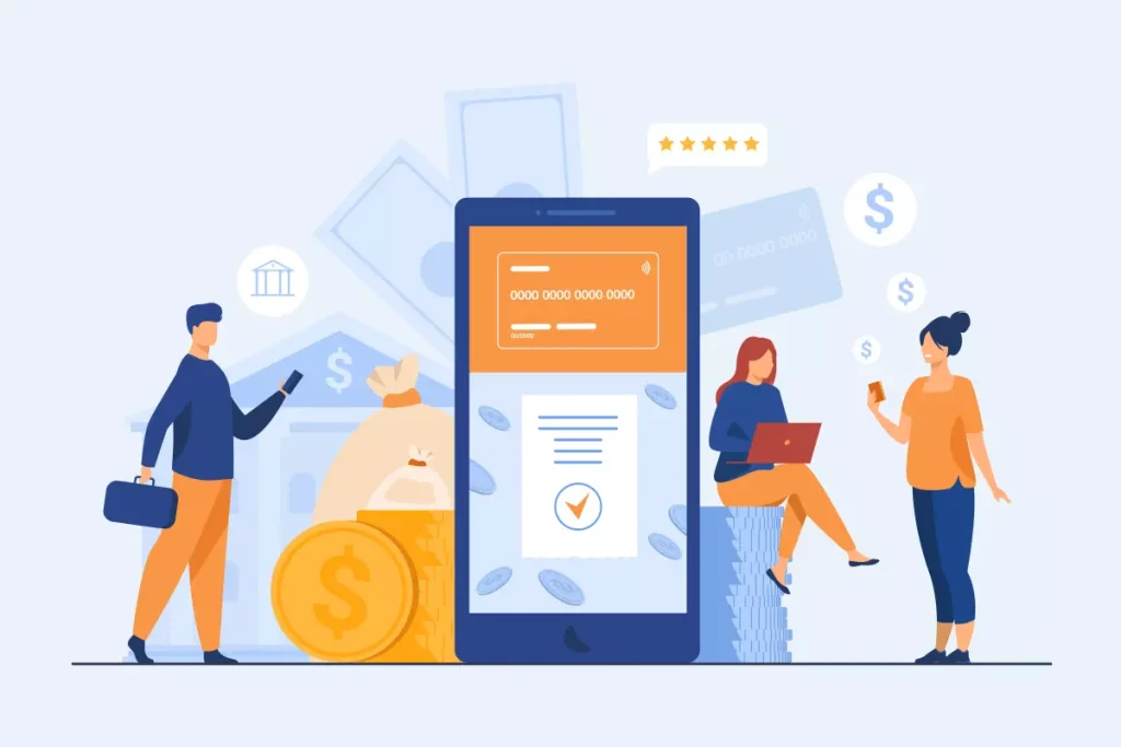 Ilustração representando o pagamento do PIS no contrato intermitente, mostrando um celular com uma tela de pagamento, pessoas usando smartphones e dinheiro ao redor.