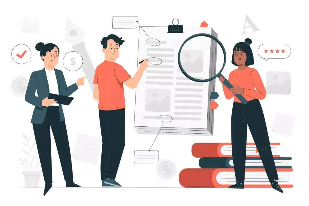 Ilustração de profissionais analisando um contrato, representando o compliance no contrato intermitente, com documentos, lupa e livros, destacando a importância do controle e conformidade na relação trabalhista.