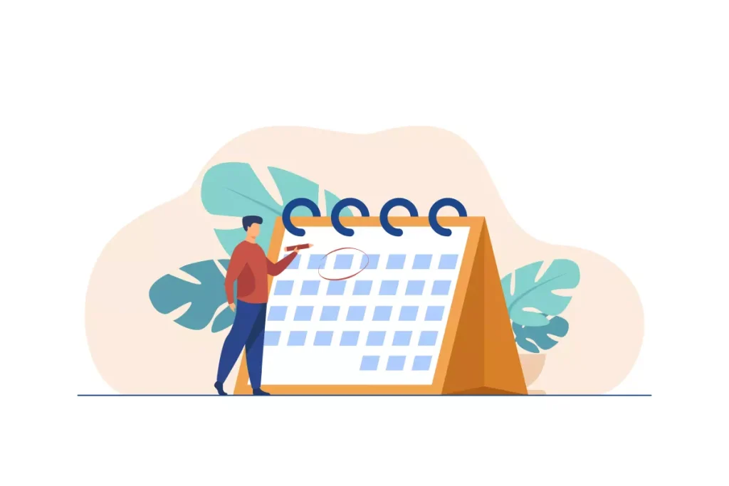 Ilustração de calendário com uma pessoa em frente, representando o cálculo do 13° salário no trabalho intermitente, destacando a importância de direitos trabalhistas.