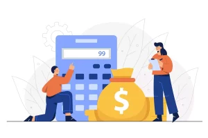 Ilustração explicando o cálculo de férias e 13° salário no contrato intermitente, mostrando uma calculadora, uma pessoa explicando e uma bolsa de dinheiro. Ideal para entender direitos trabalhistas.