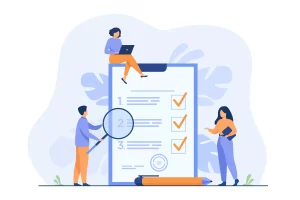 Ilustração representando direitos e deveres no contrato intermitente, com pessoas analisando um documento de contrato em formato digital, destacando a importância do acordo laboral.