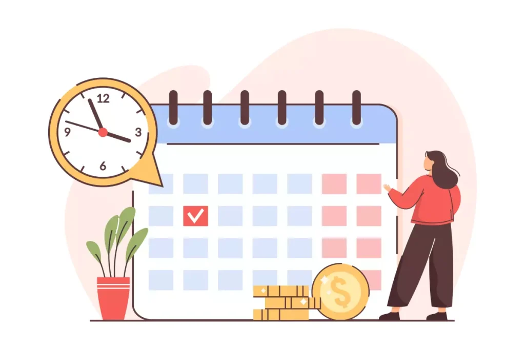 Ilustração sobre prazo de pagamento no contrato intermitente, mostrando calendário, relógio e moedas de dinheiro.