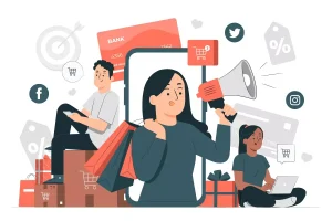 Imagem ilustrativa relacionada à Black Friday e contratos intermitentes, mostrando pessoas usando dispositivos eletrônicos, fazendo compras online e promovendo ofertas especiais.