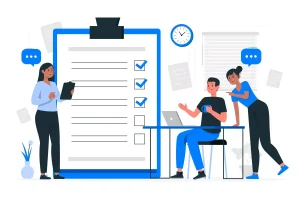Ilustração de pessoas analisando uma grande lista de tarefas relacionadas às características do trabalho intermitente, destacando a importância do contrato, remuneração variável e flexibilidade.