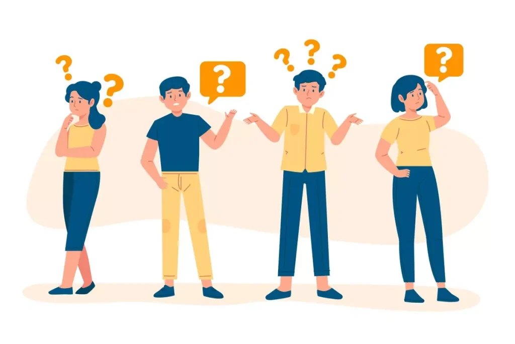 Ilustração de várias pessoas com dúvidas, representando dúvidas sobre contrato intermitente, com balões de perguntas acima de suas cabeças, ideal para esclarecimento.