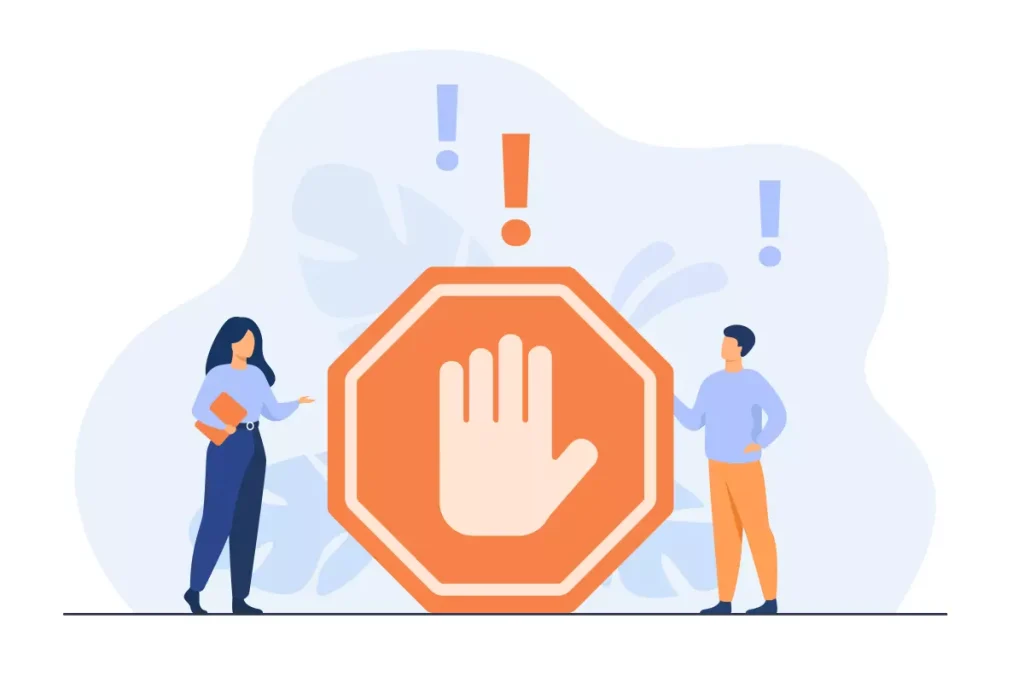 Ilustração representando a temática do limite de horas de trabalho no contrato intermitente, com uma mão sinalizando pare e símbolos de alerta ao fundo.