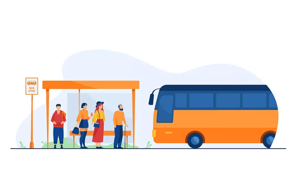 Ilustração de pessoas aguardando transporte público, com um ônibus azul e uma parada de ônibus, destacando a importância do contrato intermitente que garante Vale Transporte aos trabalhadores.