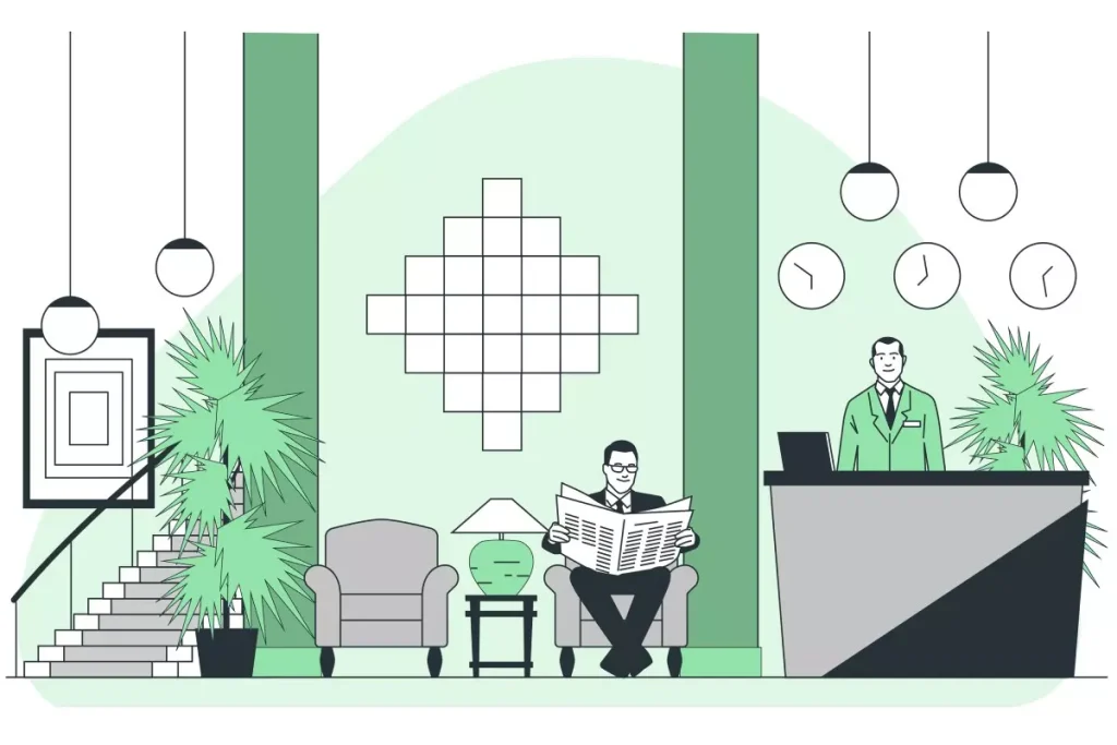 Ambiente de hotel com recepção e área de espera, ilustrando contratos intermitentes para hotelaria e a importância da legislação trabalhista nesse setor.