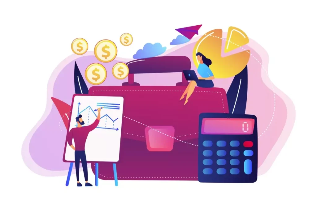 Ilustração representando estratégias de otimização de custos com mão de obra, incluindo gráficos, dinheiro e uma calculadora, facilitando a gestão financeira.
