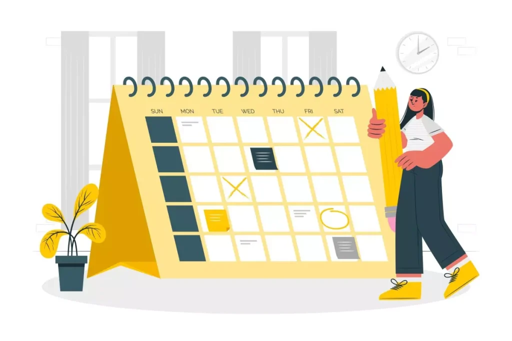 Ilustração de um calendário grande com marcações de feriados, uma pessoa segurando um smartphone, representando os feriados 2024 no trabalho intermitente, com um relógio na parede e uma planta ao lado.