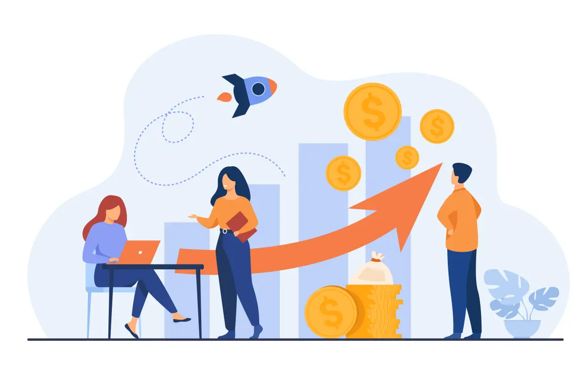 Ilustração representando crescimento financeiro e salários do trabalhador intermitente em 2024, com pessoas, gráficos e moedas em destaque.