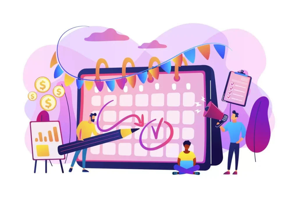 Ilustração colorida representando a gestão de trabalho intermitente no Carnaval, com calendário, gráficos, balões e pessoas planejando eventos festivos.