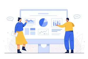 Ilustração de duas pessoas discutindo sobre dados e gráficos em uma tela grande, representando ferramenta para convocação no trabalho intermitente, facilitando a gestão e organização do trabalho.