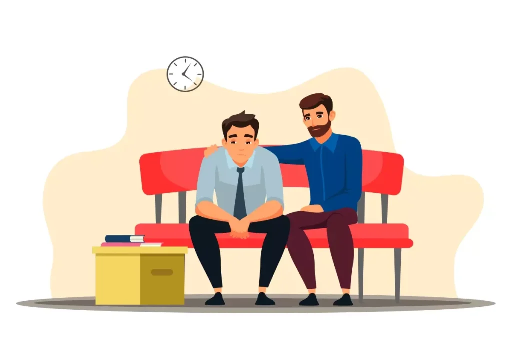 Ilustração mostrando uma entrevista para entender como é feita a rescisão do contrato intermitente, com duas pessoas sentadas em um banco de espera, uma delas aparentando estar desempregada.