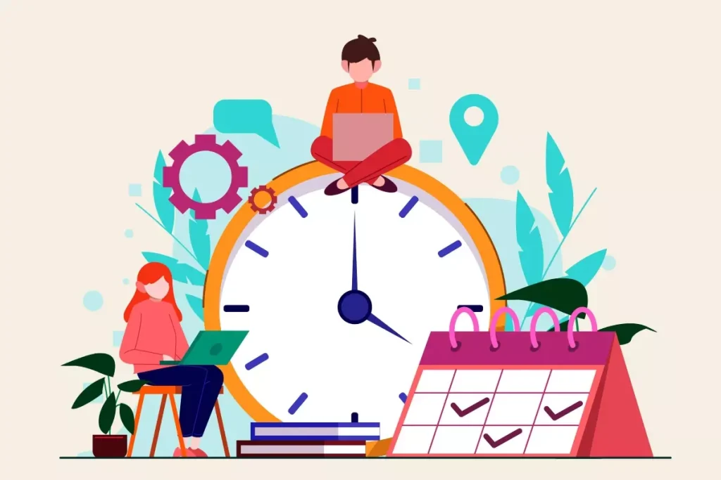 Ilustração explicativa sobre como fazer gestão de ponto no contrato intermitente, com elementos de relógio, pessoas trabalhando remotamente e itens de escritório.