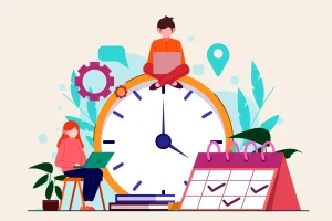 Ilustração explicativa sobre como fazer gestão de ponto no contrato intermitente, com elementos de relógio, pessoas trabalhando remotamente e itens de escritório.