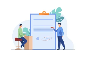 Ilustração de dois homens discutindo sobre regularizar o trabalhador intermitente, com um grande documento na mesa e uma planta ao fundo.
