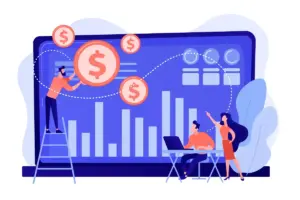 Ilustração de pessoas analisando dados e gráficos relacionados aos benefícios do trabalho intermitente, destacando oportunidades e flexibilidade na modalidade.