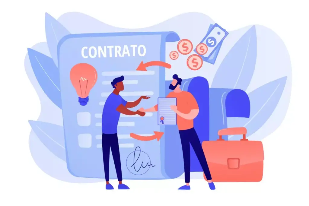 Ilustração explicativa de como fazer contrato intermitente, com duas pessoas assinando documento ao lado de uma grande folha com a palavra 'Contrato' e símbolos de dinheiro, luz, e bens relacionados ao tema.