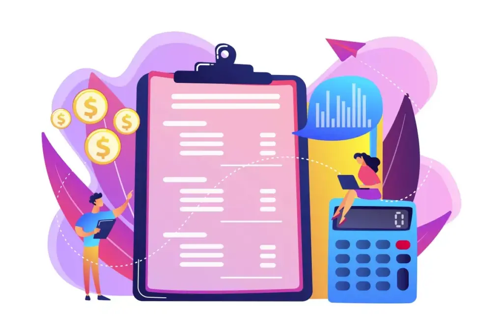 Ilustração de um contrato intermitente com gráficos, calculadora e moedas, representando o direito à multa de 40% do FGTS em contratos intermitentes.