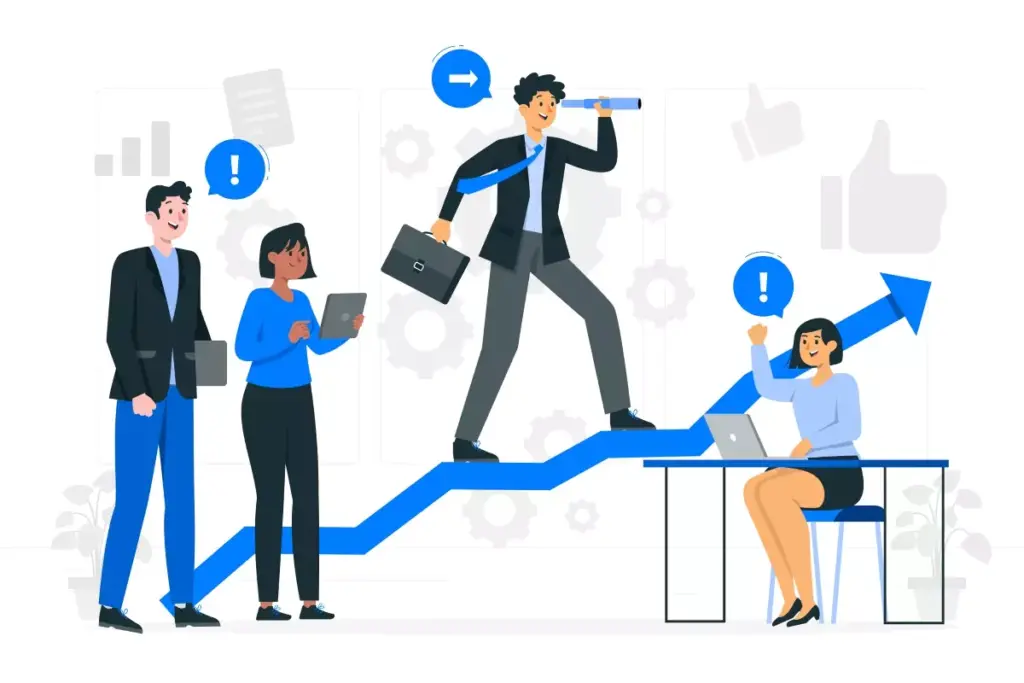 Ilustração representando gestão do contrato de trabalho intermitente, com trabalhadores e gerente analisando crescimento e desafios do mercado laboral.