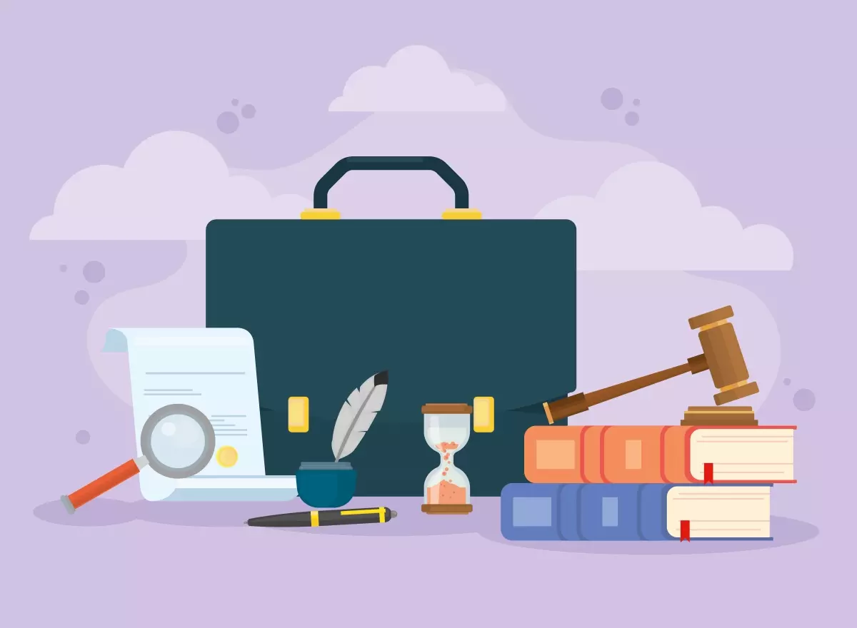 Imagem ilustrativa sobre o contrato intermitente na CLT, com documentos, martelo, livros e capacete de juiz, simbolizando a legislação trabalhista.