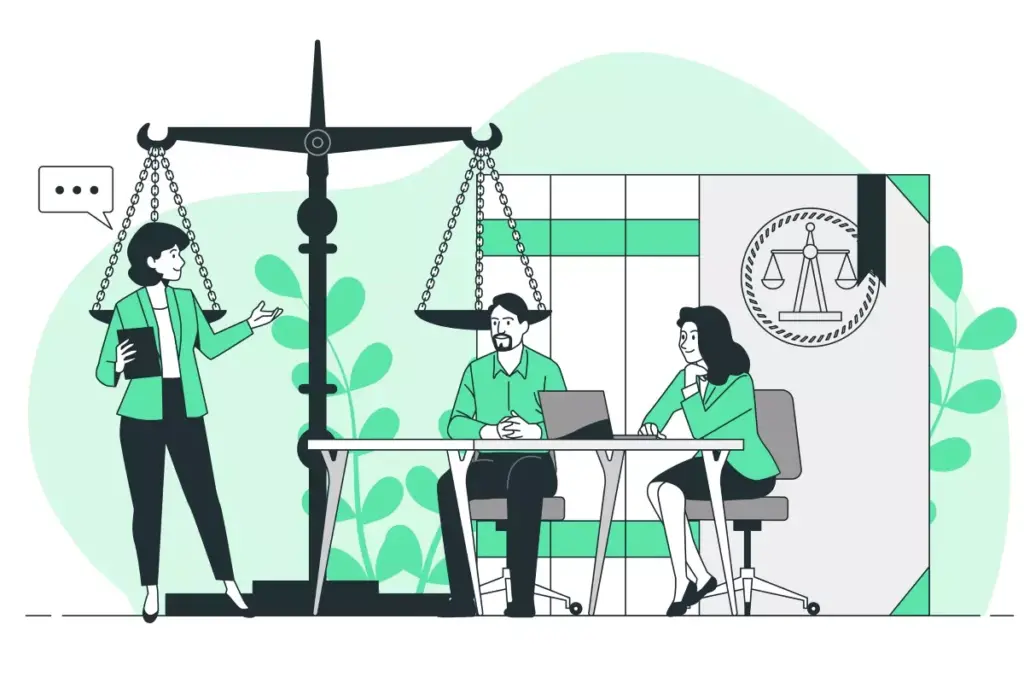 Imagem ilustrativa explicando os direitos do trabalho intermitente, incluindo direitos trabalhistas, remuneração e condições de trabalho, com trabalhadores e advogada em escritório.