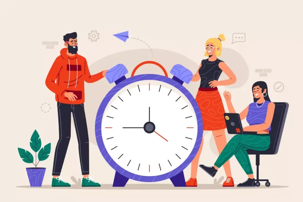 Ilustração de três pessoas discutindo sobre a carga horária do trabalho intermitente, com um relógio grande ao centro simbolizando o tempo de trabalho.