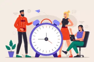 Ilustração de três pessoas discutindo sobre a carga horária do trabalho intermitente, com um relógio grande ao centro simbolizando o tempo de trabalho.