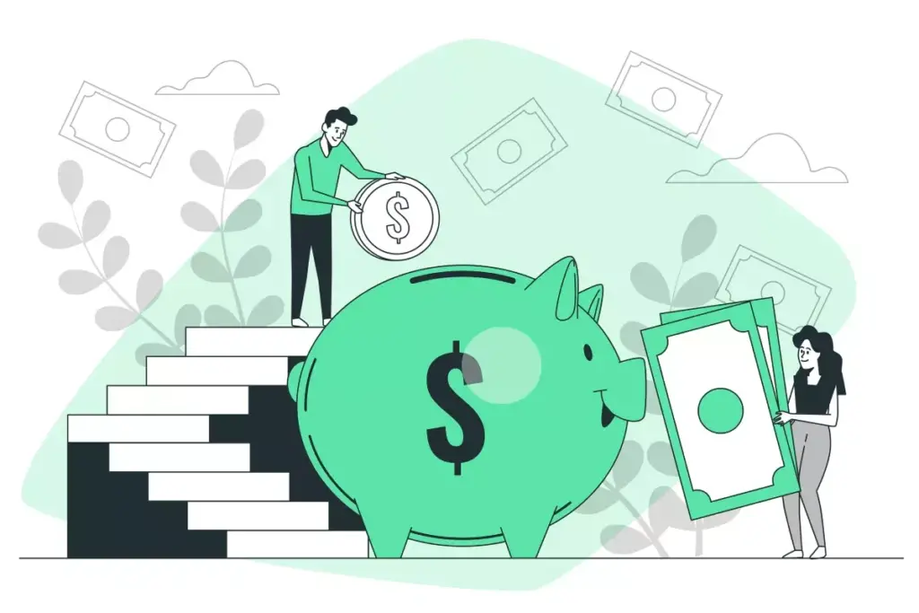 Ilustração representando a remuneração no trabalho intermitente, com pessoas depositando dinheiro em uma moeda gigante e uma carteira, simbolizando ganhos e pagamentos variados.