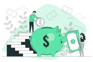 Ilustração representando a remuneração no trabalho intermitente, com pessoas depositando dinheiro em uma moeda gigante e uma carteira, simbolizando ganhos e pagamentos variados.