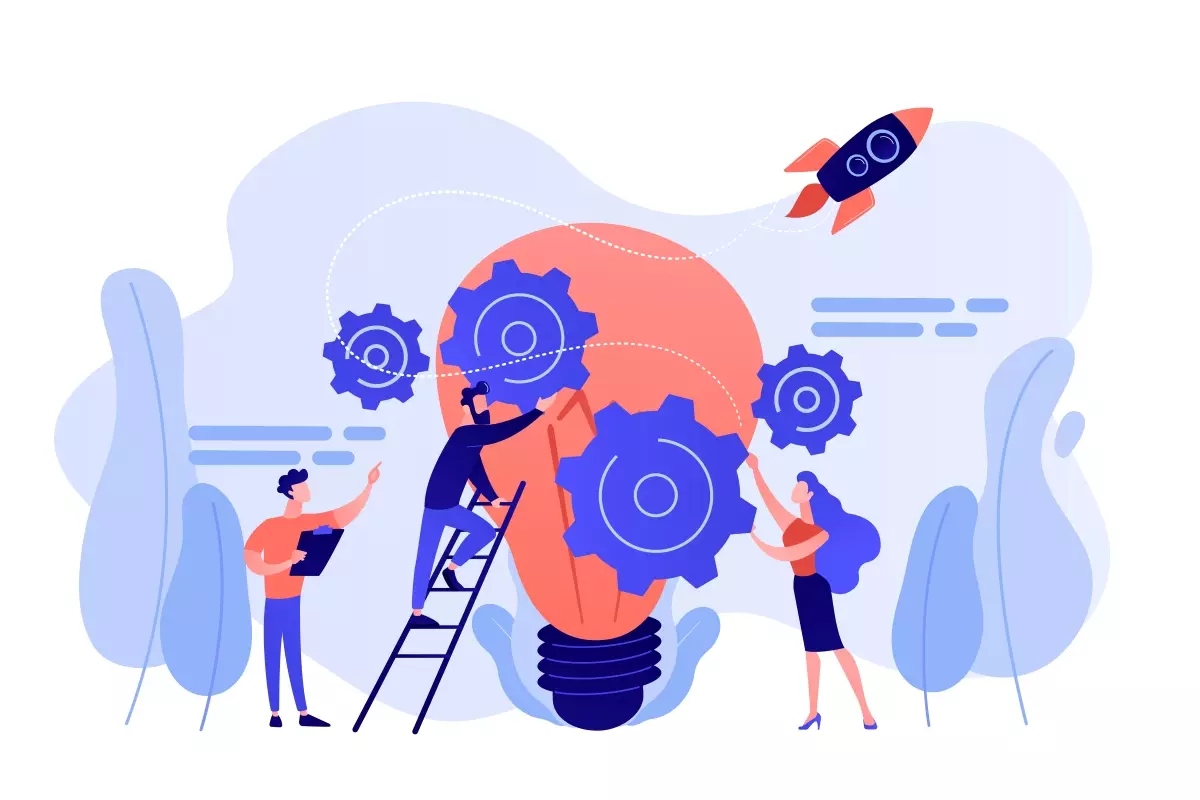 Ilustração de pessoas ajustando engrenagens ao redor de uma lâmpada, simbolizando o entendimento e a implementação do contrato intermitente.