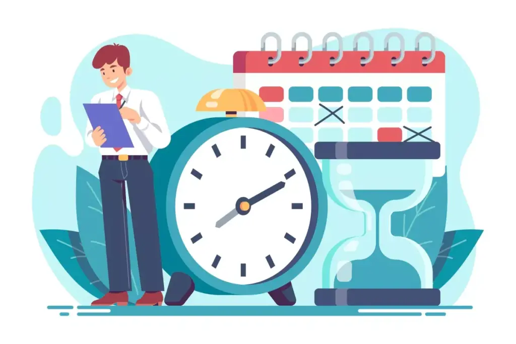 Ilustração mostrando um profissional com um tablet ao lado de um relógio grande, um calendário e uma ampulheta, representando controle de jornada no trabalho intermitente.