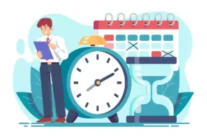 Ilustração mostrando um profissional com um tablet ao lado de um relógio grande, um calendário e uma ampulheta, representando controle de jornada no trabalho intermitente.
