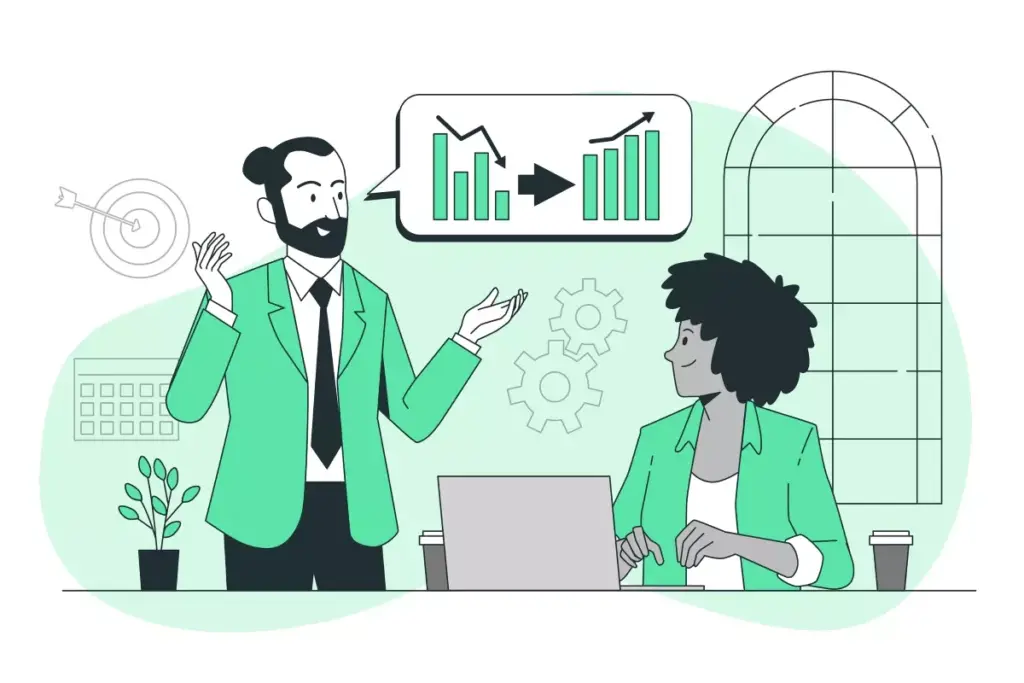Duas pessoas discutindo estratégias de implementação do trabalho intermitente em um escritório, com gráficos de crescimento na tela ao fundo.