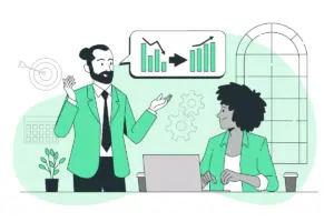 Duas pessoas discutindo estratégias de implementação do trabalho intermitente em um escritório, com gráficos de crescimento na tela ao fundo.