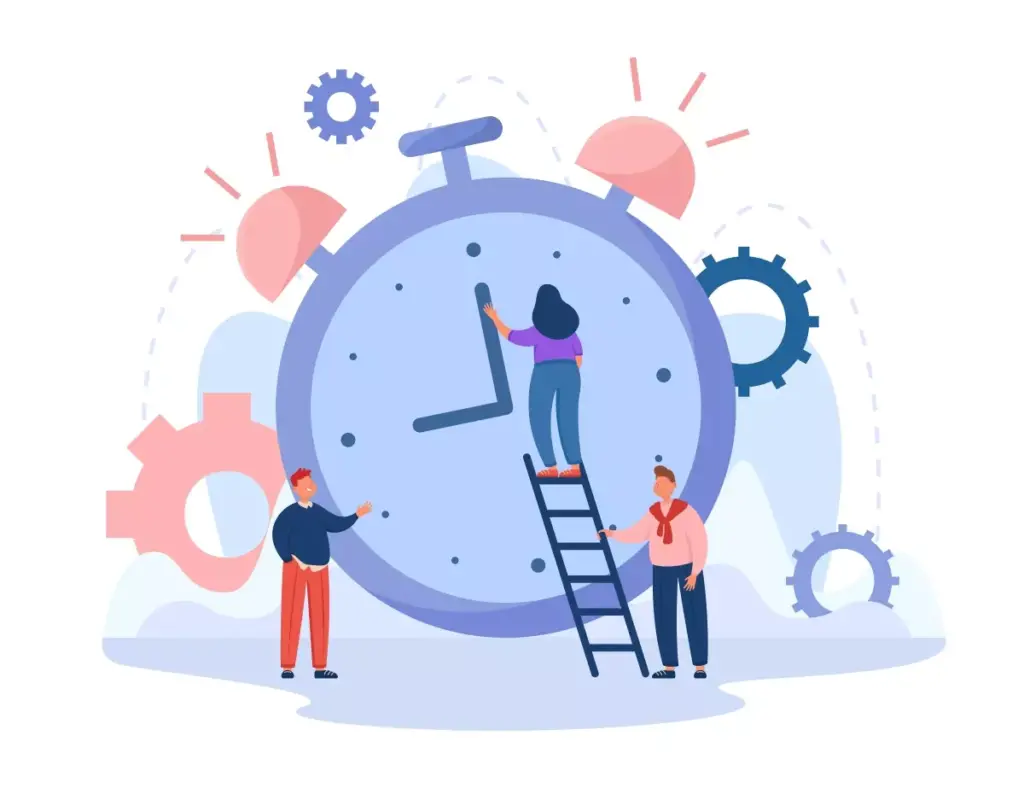 Ilustração de um relógio grande com três pessoas interagindo com ele, simbolizando a gestão de tempo de trabalhadores horistas, relacionado ao conceito de o que é um trabalhador horista.
