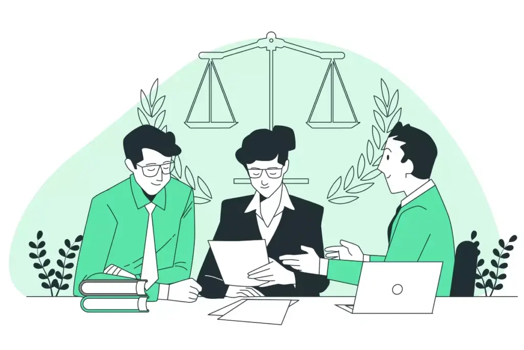 Ilustração de três profissionais discutindo sobre a diferença entre CLT e trabalho intermitente, com livros e laptop em um ambiente de escritório.