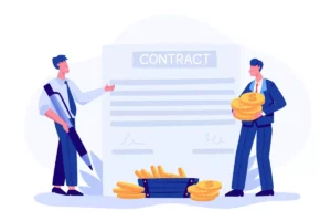 Imagem ilustrativa sobre como fazer um contrato de trabalho intermitente, com duas pessoas discutindo documentos e moedas ao redor, destacando dicas e orientações.