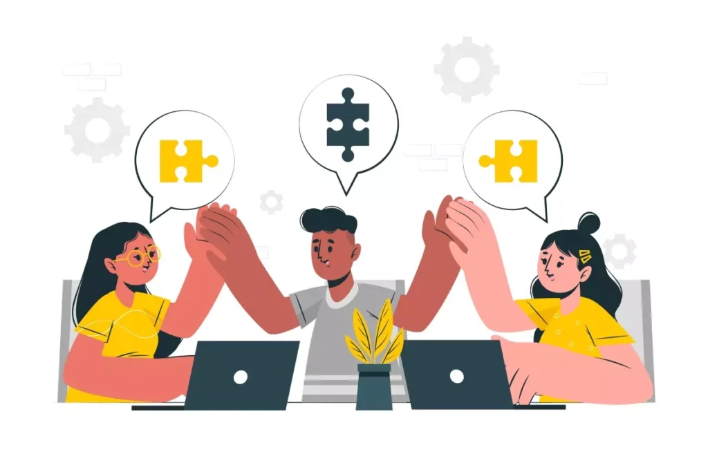 Duas pessoas discutindo sobre como funciona o trabalho intermitente, com gráficos e computadores ao fundo, mostrando um diálogo colaborativo.