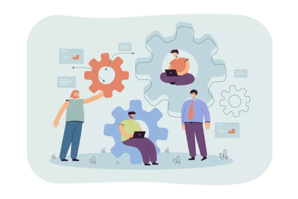 Ilustração mostrando pessoas gerenciando trabalho sob demanda, com engrenagens simbolizando organização e produtividade.