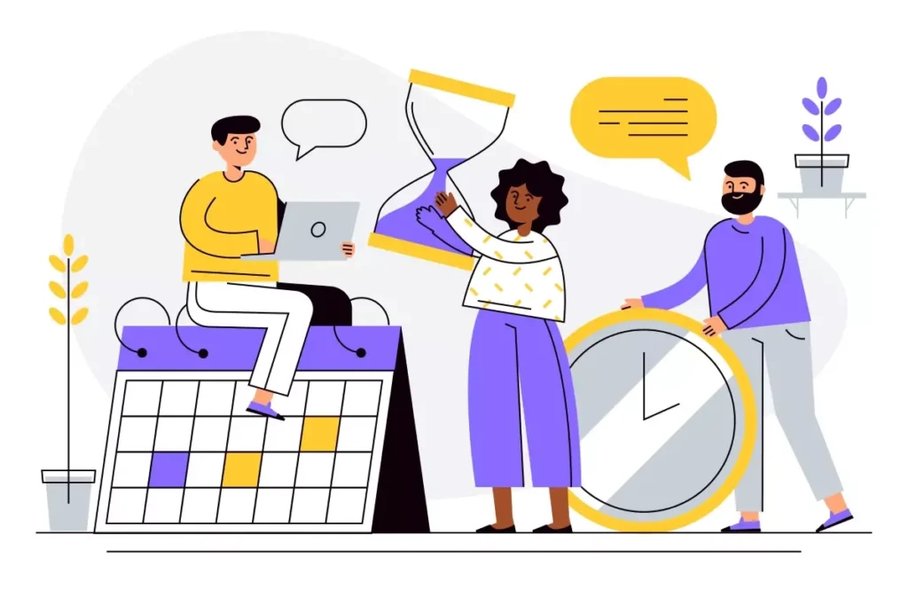 Ilustração representando controle de ponto no trabalho intermitente, com trabalhadores usando computadores, relógio e calendário, destacando a obrigatoriedade do controle de ponto.
