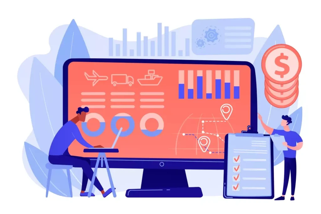Ilustração de uma plataforma de gestão do trabalho intermitente para contadores, apresentando gráficos, checklist e moedas, ideal para otimizar o gerenciamento de profissionais intermitentes.