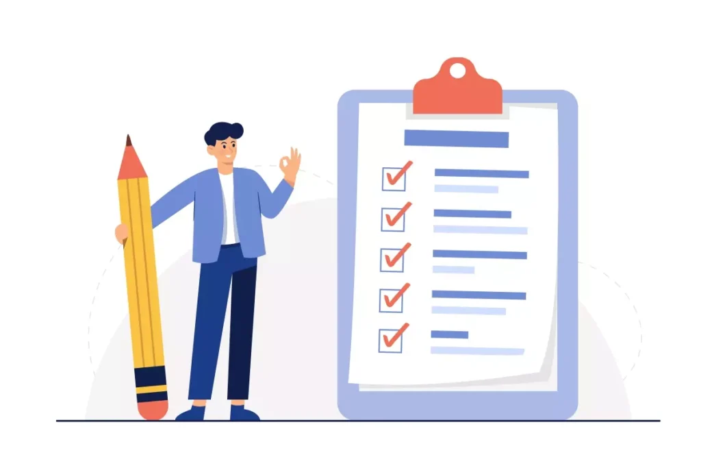 Ilustração destacando regras do contrato intermitente, mostrando uma pessoa com lápis apontando para uma lista de verificação em um quadro grande com marcações feitas.