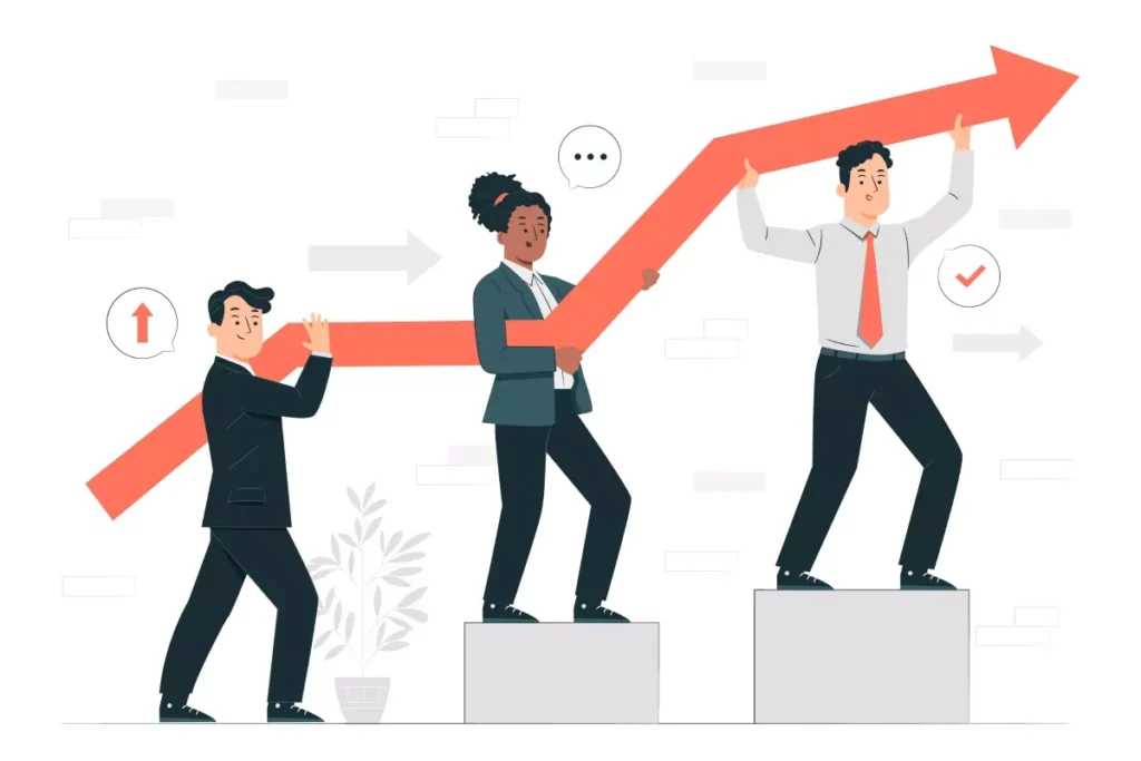 Ilustração mostrando os benefícios do trabalho intermitente para empresas, com uma tendência de crescimento representada por uma seta ascendente, destacando as vantagens do trabalho intermitente para organizações que buscam flexibilidade e eficiência.
